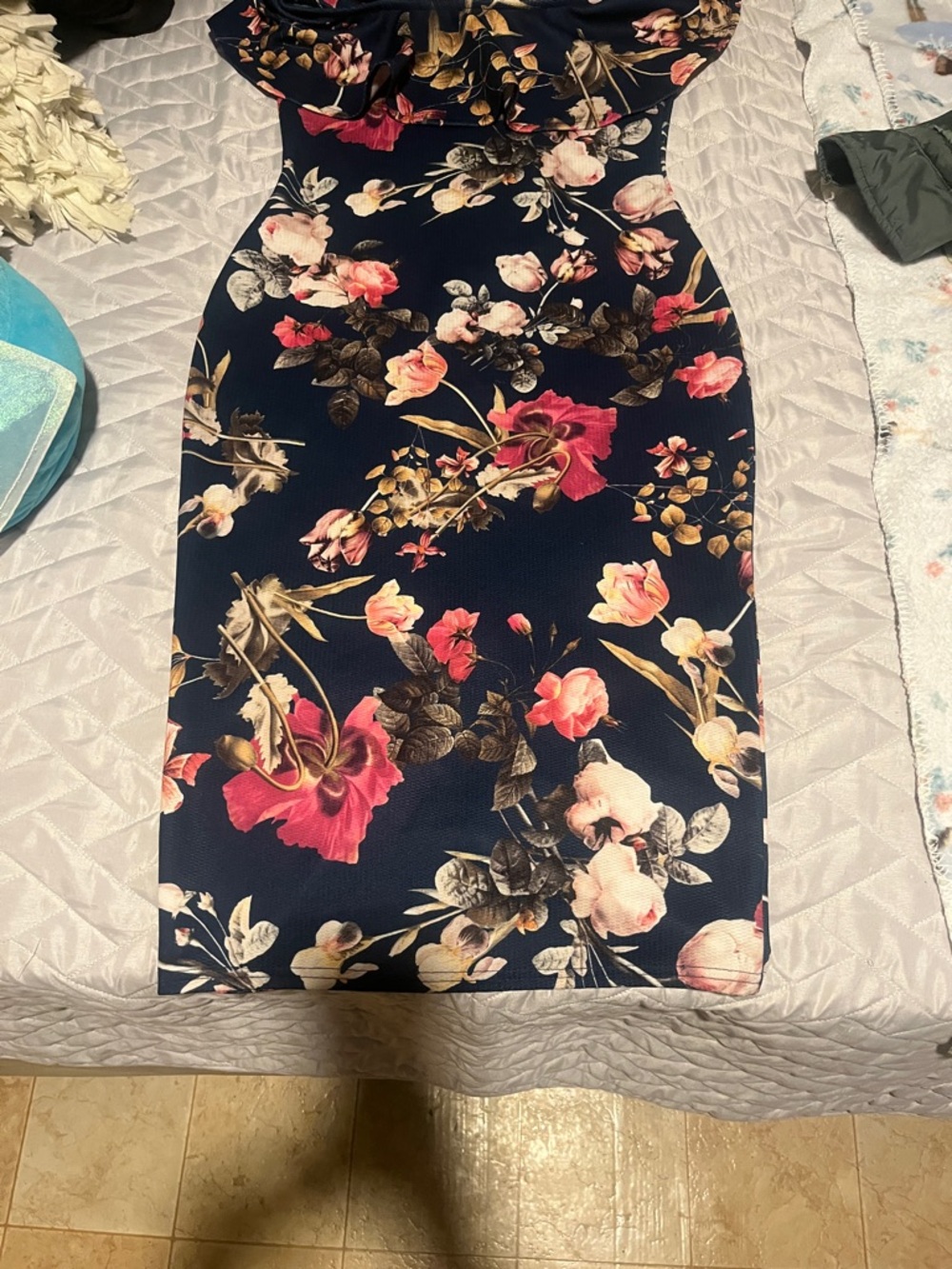 ASOS Off Shoulder Floral Bodycon Midi Dress Navy Pink Size 6| Wedding Guest - Picture 3 of 6